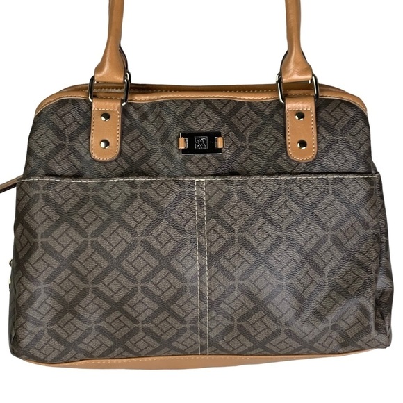 Big Buddha 2 Tone Brown Logo Pattern 3 Large Compartment Top Zip Satchel Handbag - Picture 4 of 16